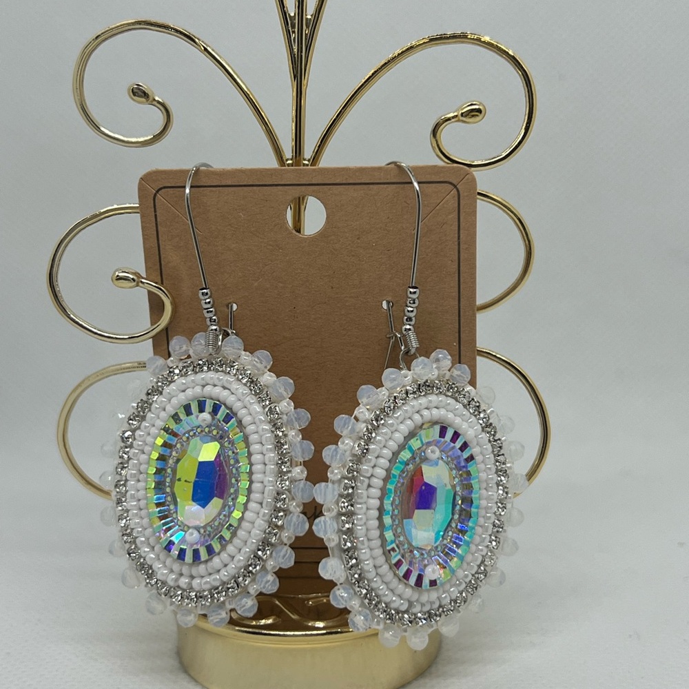 Hand beaded Ornate Silver and White Filigree Earrings